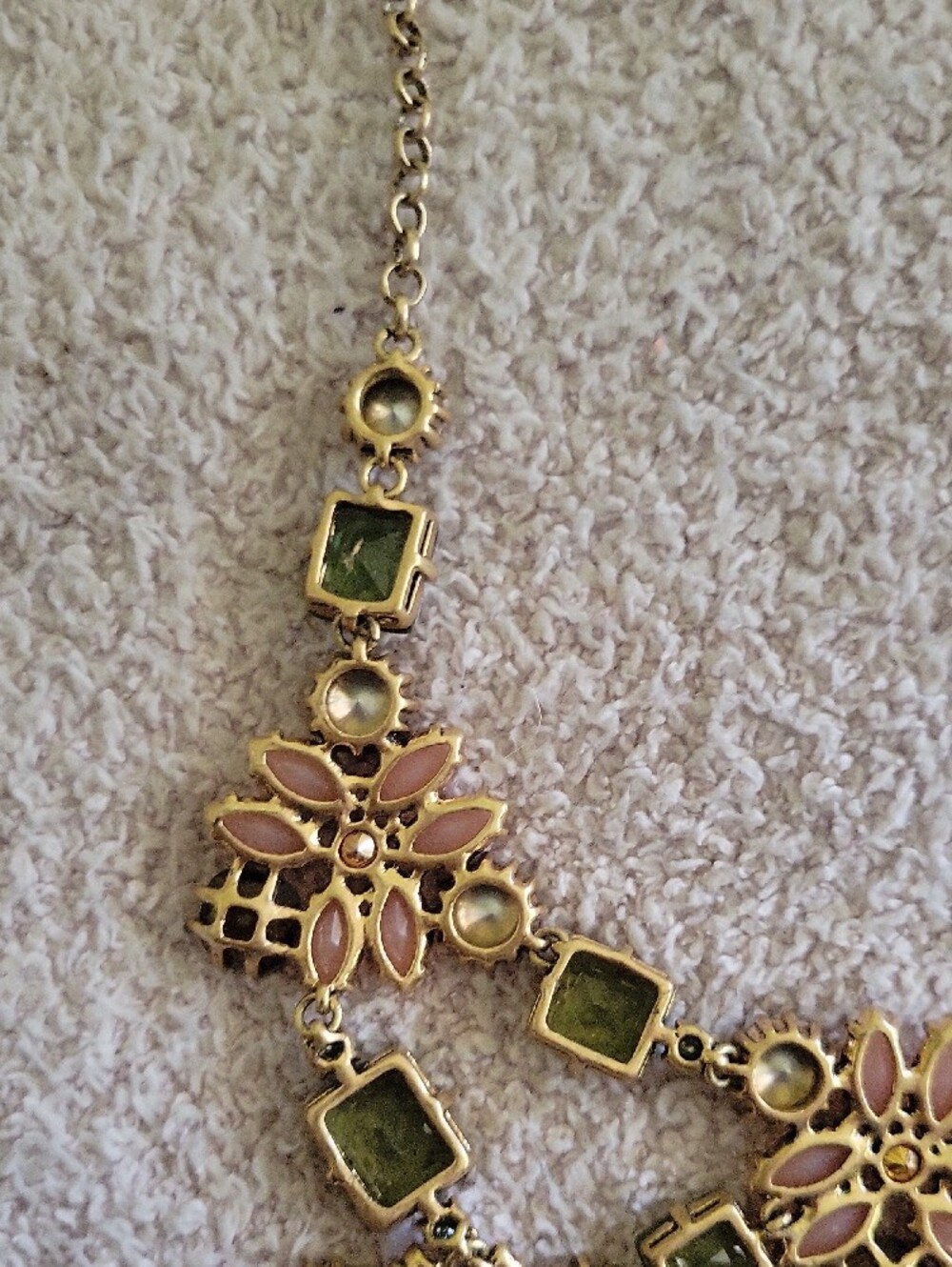 Stella & Dot Pink Floral Statement Necklace with Green and Clear Accents - Picture 3 of 10